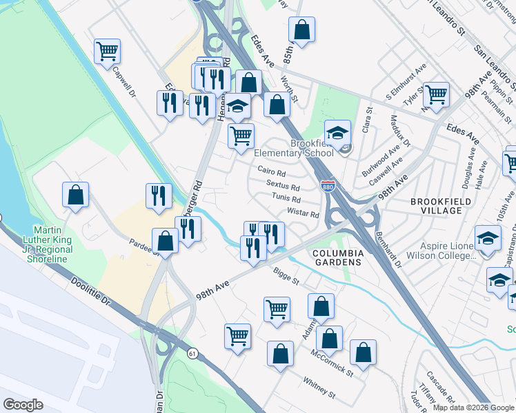 map of restaurants, bars, coffee shops, grocery stores, and more near 9623 Empire Road in Oakland