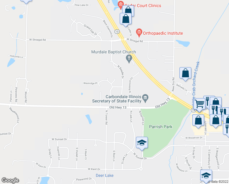 map of restaurants, bars, coffee shops, grocery stores, and more near 409 North Westridge Drive in Carbondale