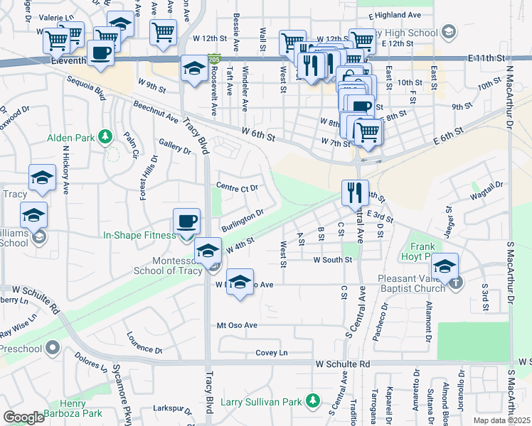 map of restaurants, bars, coffee shops, grocery stores, and more near 388 Burlington Drive in Tracy