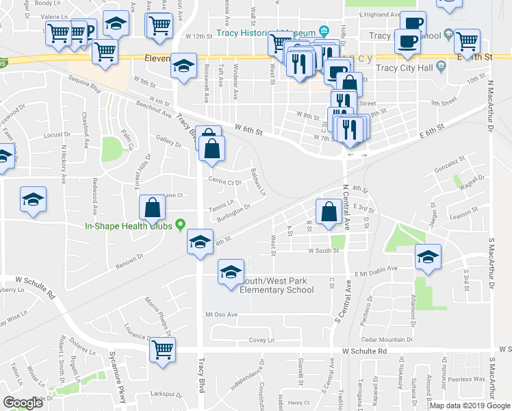 map of restaurants, bars, coffee shops, grocery stores, and more near 368 Burlington Drive in Tracy
