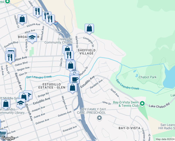 map of restaurants, bars, coffee shops, grocery stores, and more near 3074 Brookfield Avenue in Oakland