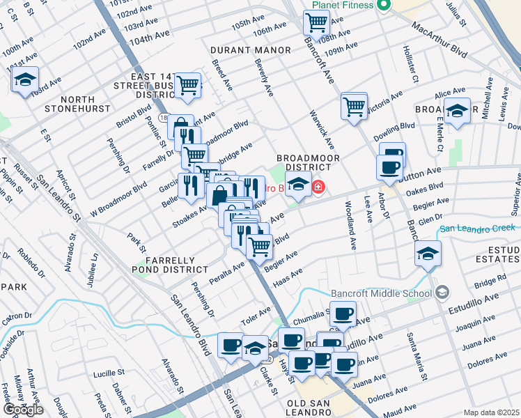 map of restaurants, bars, coffee shops, grocery stores, and more near 151 Euclid Avenue in San Leandro