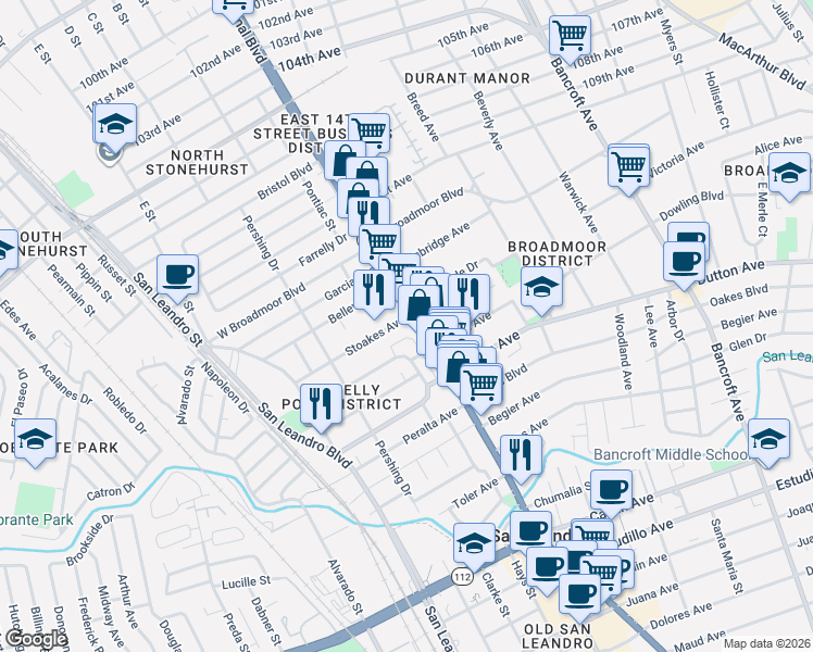 map of restaurants, bars, coffee shops, grocery stores, and more near 452 East 14th Street in San Leandro