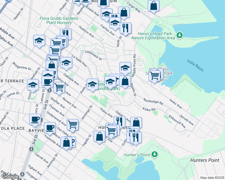 map of restaurants, bars, coffee shops, grocery stores, and more near 1195 Hudson Avenue in San Francisco