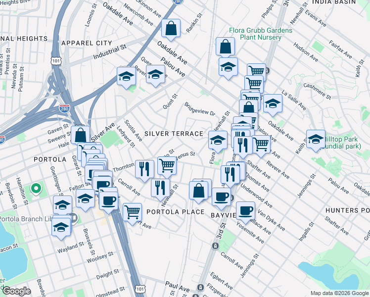 map of restaurants, bars, coffee shops, grocery stores, and more near 9a Apollo Street in San Francisco