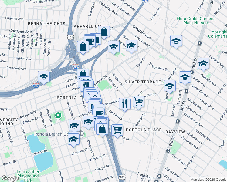map of restaurants, bars, coffee shops, grocery stores, and more near 96 Ledyard Street in San Francisco