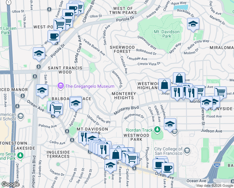 map of restaurants, bars, coffee shops, grocery stores, and more near 283 Brentwood Avenue in San Francisco