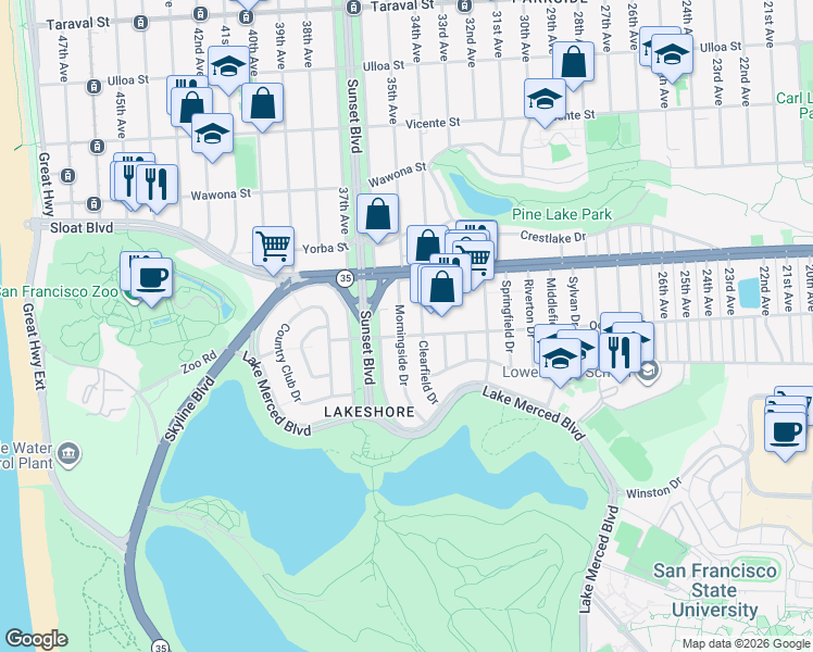 map of restaurants, bars, coffee shops, grocery stores, and more near 81 Clearfield Drive in San Francisco
