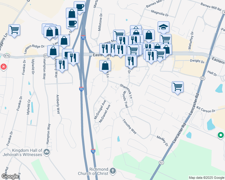 map of restaurants, bars, coffee shops, grocery stores, and more near 125 O Roark Avenue in Richmond