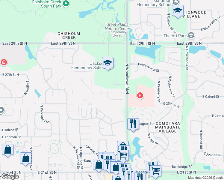 map of restaurants, bars, coffee shops, grocery stores, and more near 6204 East Ironhorse Street in Wichita