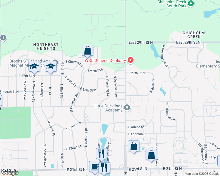 map of restaurants, bars, coffee shops, grocery stores, and more near 2667 Dellrose in Wichita