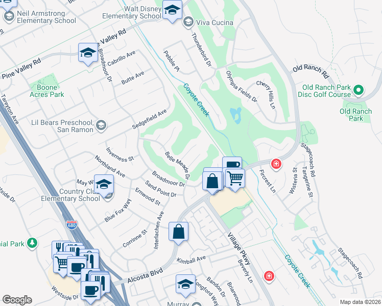 map of restaurants, bars, coffee shops, grocery stores, and more near 128 Belle Meade Place in San Ramon