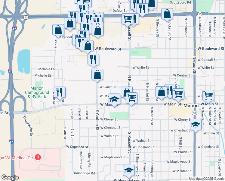 map of restaurants, bars, coffee shops, grocery stores, and more near 209 North Pine Street in Marion