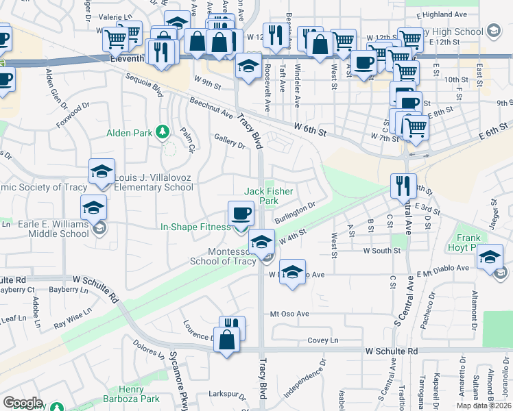 map of restaurants, bars, coffee shops, grocery stores, and more near 611 Tennis Lane in Tracy