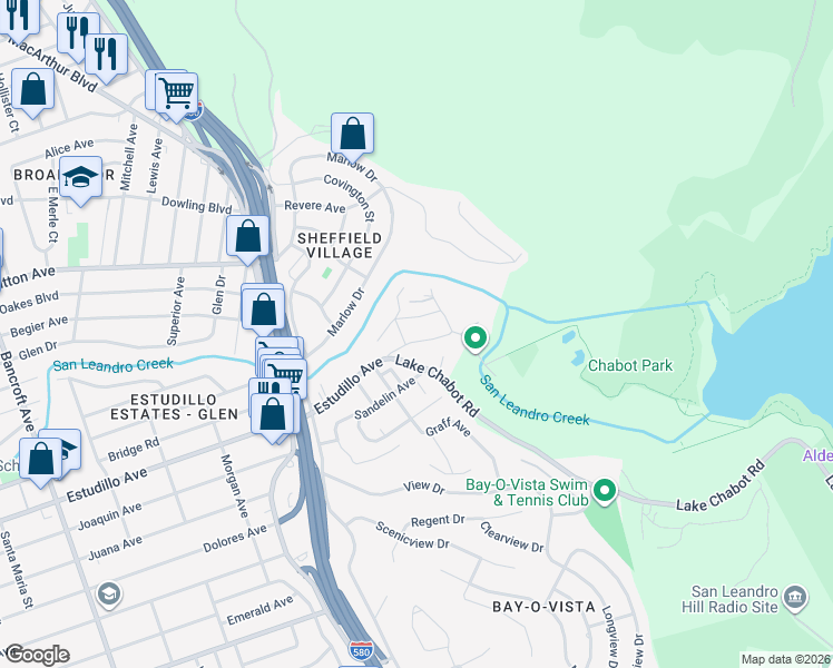 map of restaurants, bars, coffee shops, grocery stores, and more near 1200 Brookvale Drive in San Leandro