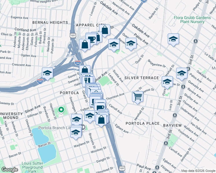 map of restaurants, bars, coffee shops, grocery stores, and more near 200 Waterville Street in San Francisco