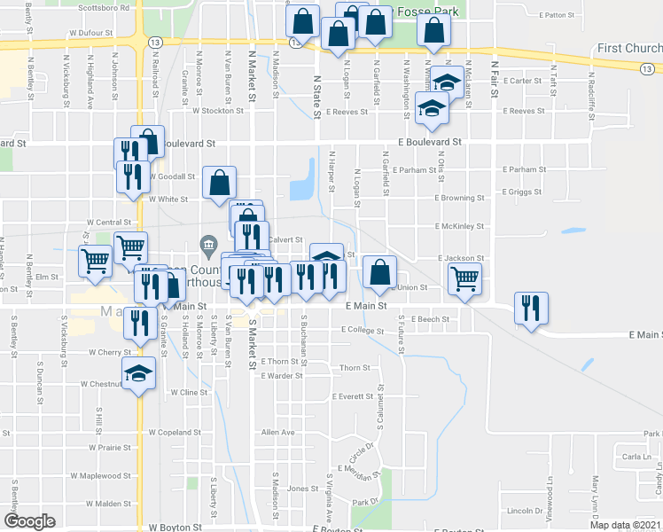 map of restaurants, bars, coffee shops, grocery stores, and more near 300 Harper Street in Marion