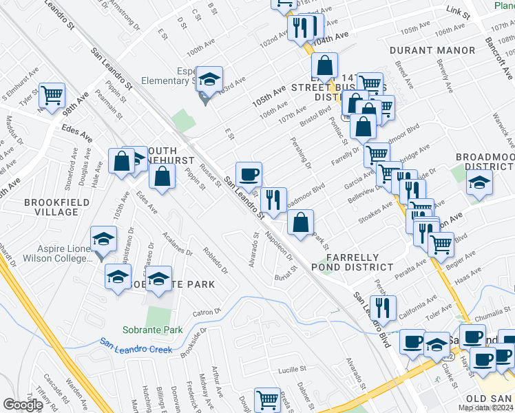 map of restaurants, bars, coffee shops, grocery stores, and more near 11052 San Leandro Street in Oakland