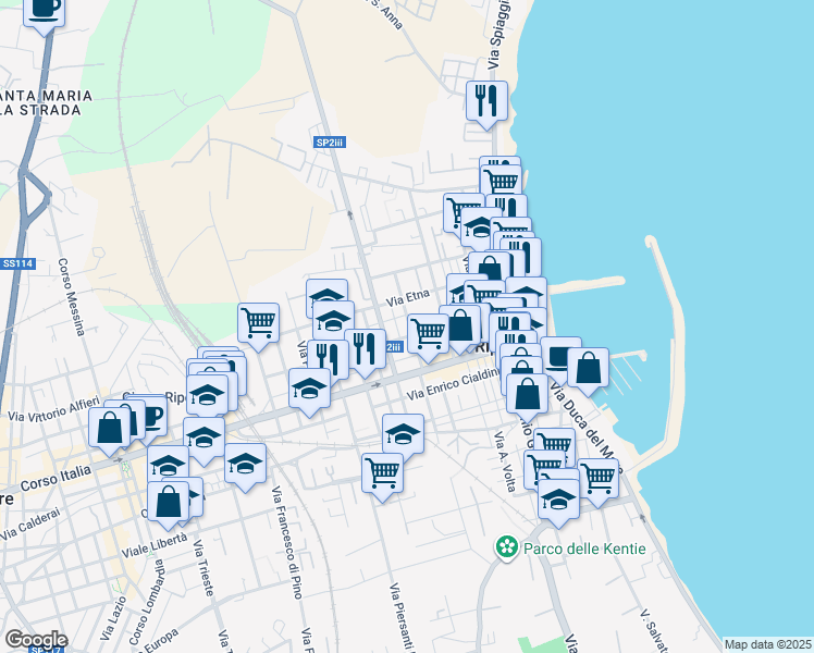 map of restaurants, bars, coffee shops, grocery stores, and more near 16 Via Luigi Capuana in Riposto