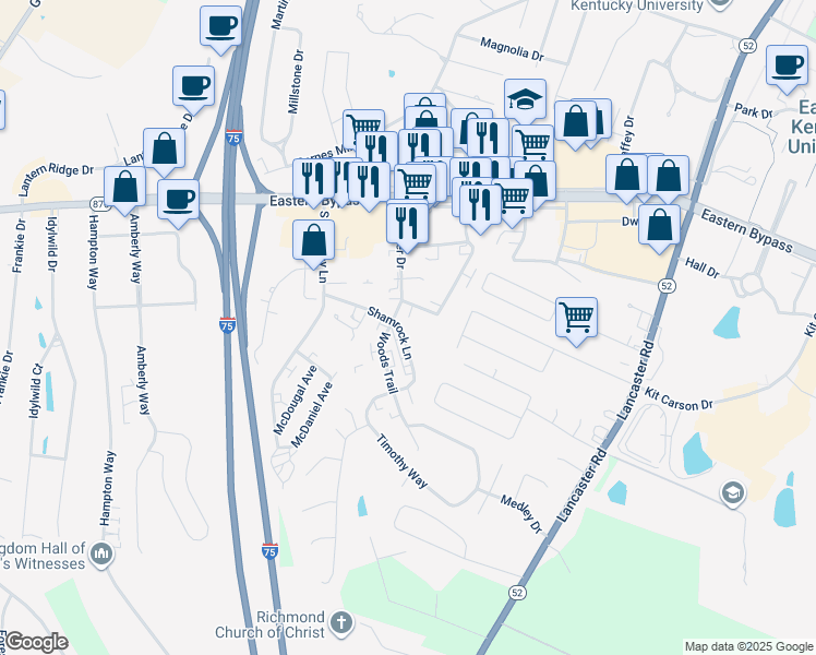 map of restaurants, bars, coffee shops, grocery stores, and more near 200 Shamrock Lane in Richmond