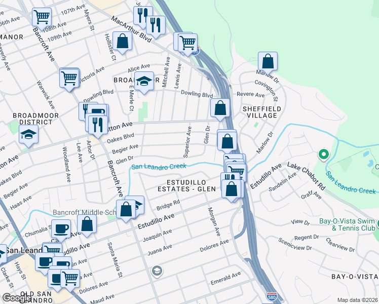 map of restaurants, bars, coffee shops, grocery stores, and more near 860 Superior Avenue in San Leandro