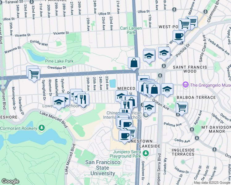 map of restaurants, bars, coffee shops, grocery stores, and more near 2955 Ocean Avenue in San Francisco