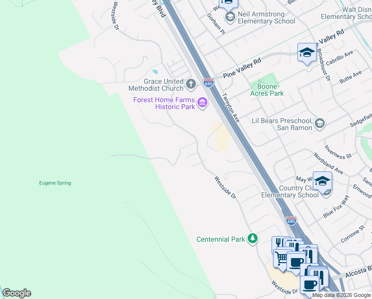 map of restaurants, bars, coffee shops, grocery stores, and more near 5 Circle East Ranch Place in San Ramon
