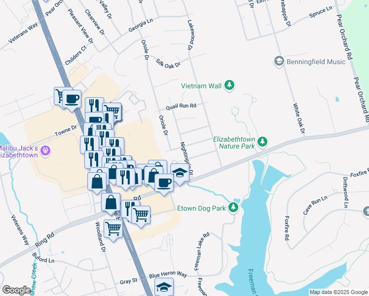 map of restaurants, bars, coffee shops, grocery stores, and more near 1615 Nightingale Drive in Elizabethtown