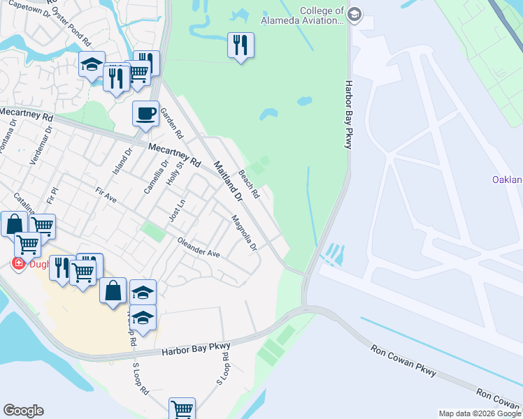 map of restaurants, bars, coffee shops, grocery stores, and more near 330 Beach Road in Alameda
