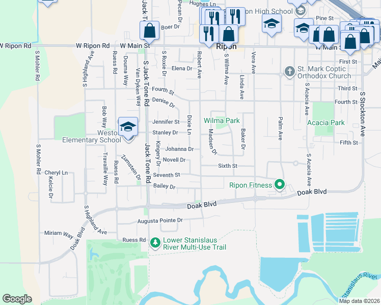 map of restaurants, bars, coffee shops, grocery stores, and more near 1334 Johanna Drive in Ripon