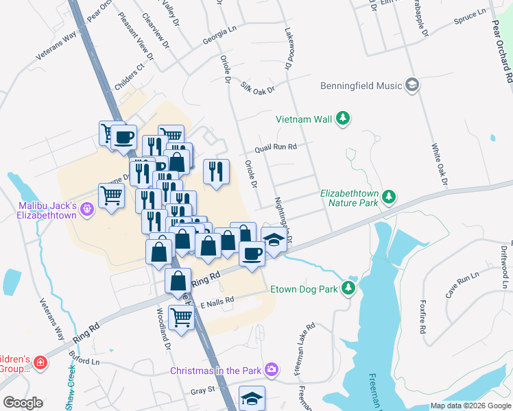 map of restaurants, bars, coffee shops, grocery stores, and more near 1700 Oriole Drive in Elizabethtown