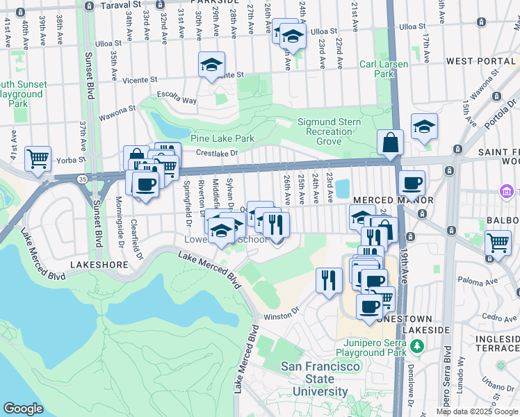 map of restaurants, bars, coffee shops, grocery stores, and more near 98 Forest View Drive in San Francisco