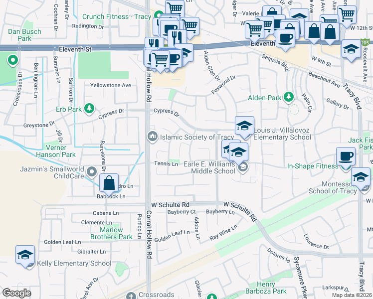 map of restaurants, bars, coffee shops, grocery stores, and more near 1885 Lone Fox Court in Tracy