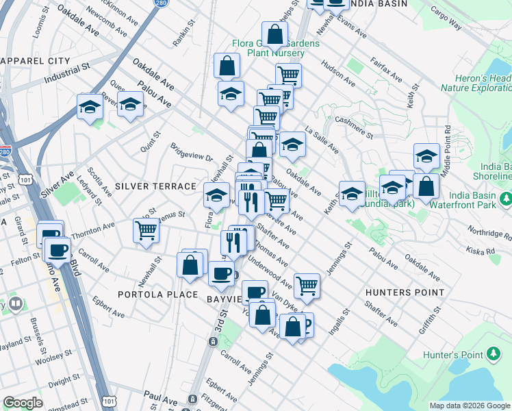 map of restaurants, bars, coffee shops, grocery stores, and more near 3rd St & Revere Ave in San Francisco