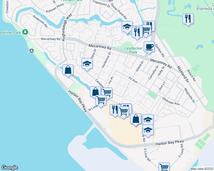 map of restaurants, bars, coffee shops, grocery stores, and more near 1160 Marianas Lane in Alameda