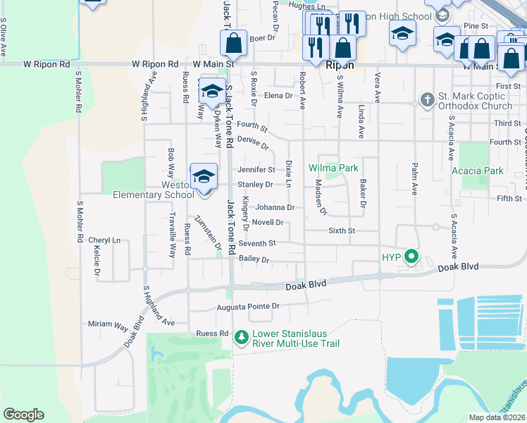 map of restaurants, bars, coffee shops, grocery stores, and more near 1428 Johanna Drive in Ripon