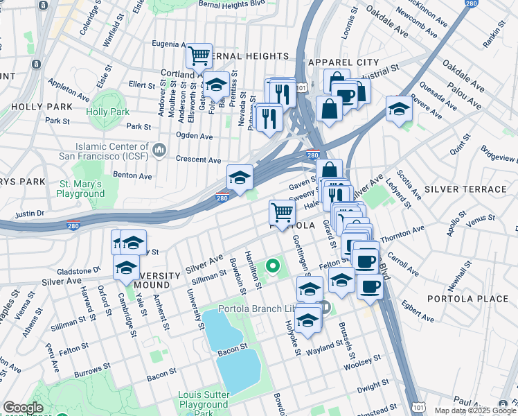 map of restaurants, bars, coffee shops, grocery stores, and more near 270 Sweeny Street in San Francisco