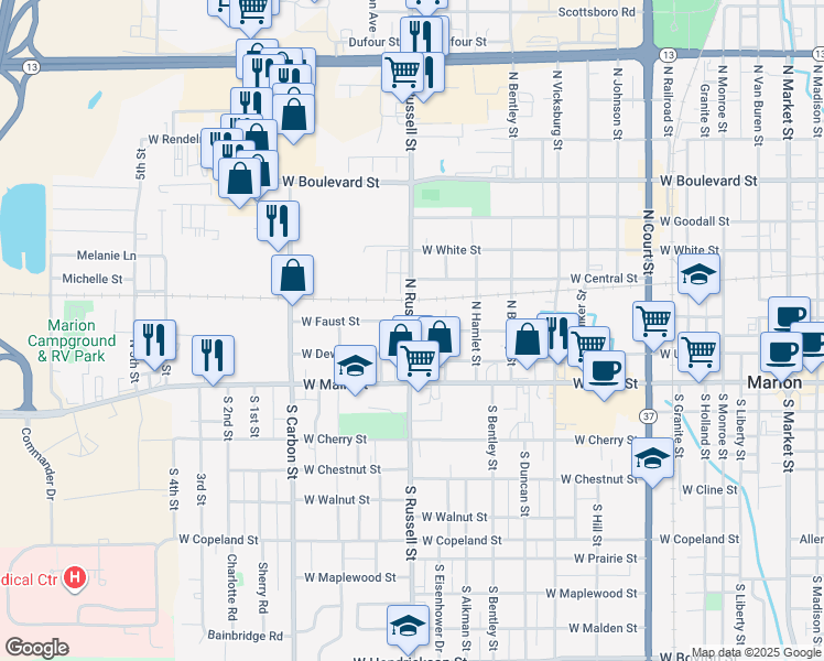 map of restaurants, bars, coffee shops, grocery stores, and more near 1398 W Lee Ave in Marion