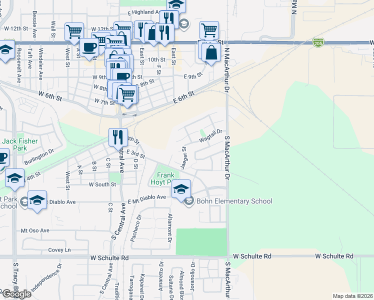 map of restaurants, bars, coffee shops, grocery stores, and more near 341 Accipiter Court in Tracy