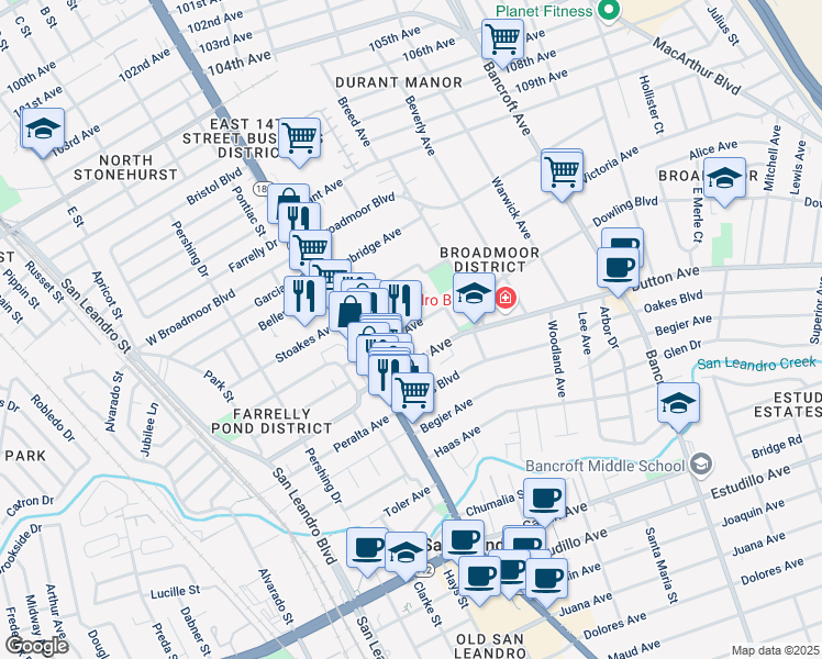 map of restaurants, bars, coffee shops, grocery stores, and more near 151 Euclid Avenue in San Leandro