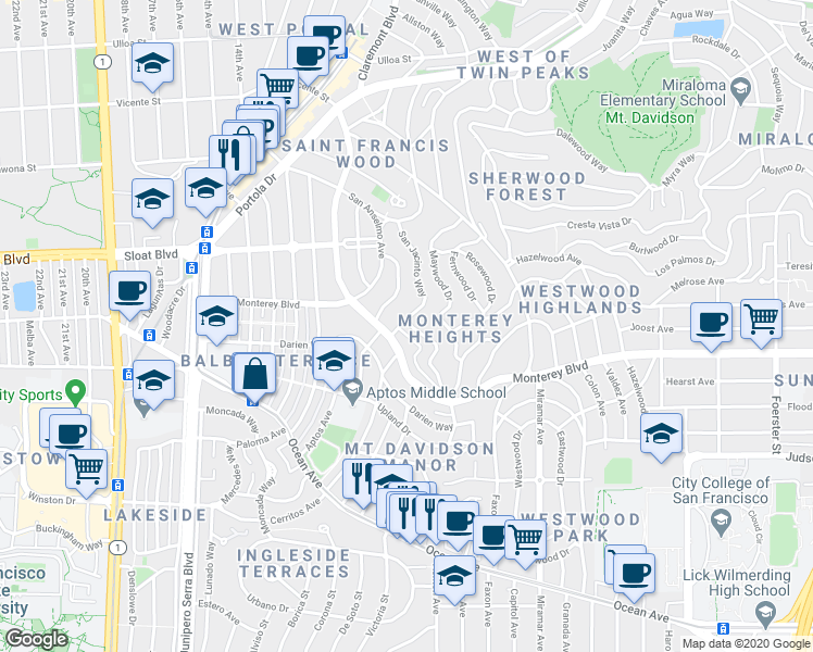 map of restaurants, bars, coffee shops, grocery stores, and more near 180 San Felipe Avenue in San Francisco