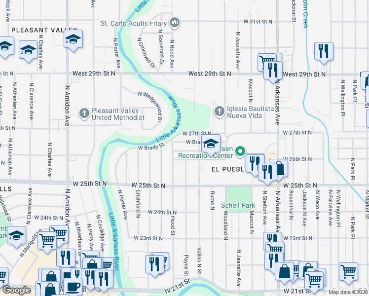 map of restaurants, bars, coffee shops, grocery stores, and more near 1402 West Alcott Street in Wichita