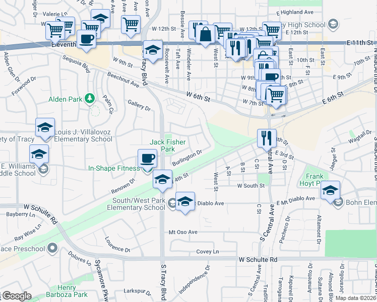 map of restaurants, bars, coffee shops, grocery stores, and more near 460 Tennis Lane in Tracy