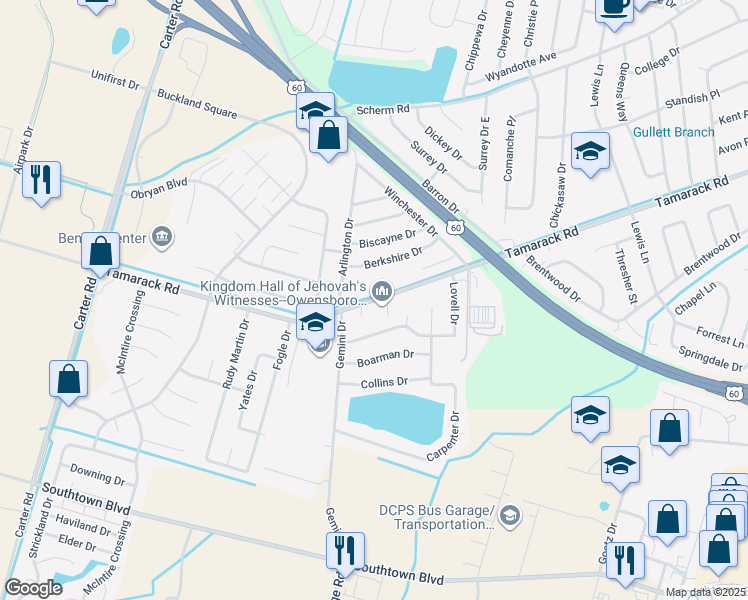 map of restaurants, bars, coffee shops, grocery stores, and more near 2226 Tamarack Road in Owensboro