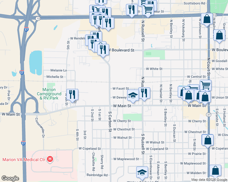 map of restaurants, bars, coffee shops, grocery stores, and more near 1701-1799 W Faust St in Marion
