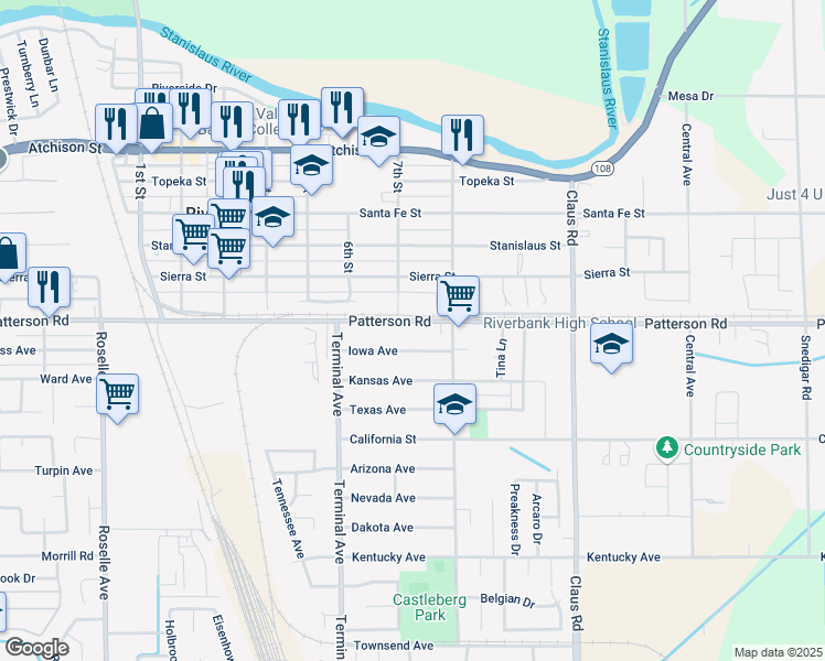 map of restaurants, bars, coffee shops, grocery stores, and more near 3718 Patterson Road in Riverbank