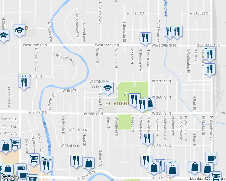 map of restaurants, bars, coffee shops, grocery stores, and more near 1108 W Alcott St in Wichita