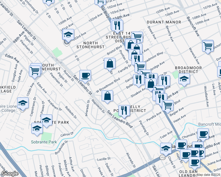 map of restaurants, bars, coffee shops, grocery stores, and more near 350 Garcia Avenue in San Leandro