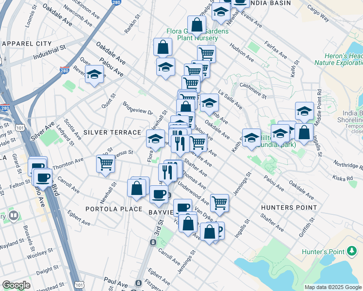 map of restaurants, bars, coffee shops, grocery stores, and more near 2 Revere Avenue in San Francisco