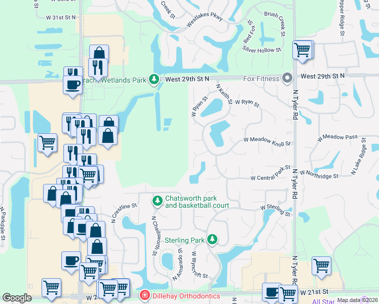 map of restaurants, bars, coffee shops, grocery stores, and more near 2705 North Keith Court in Wichita